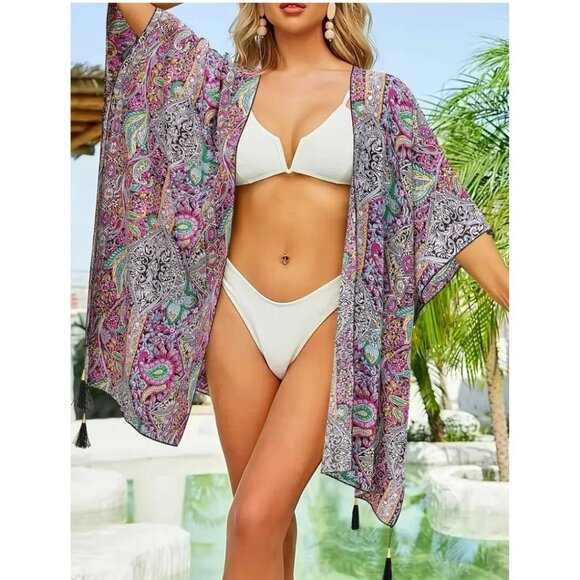 Kimono Boho Top Swim Cover Up Tassel NEW - Picture 3 of 6